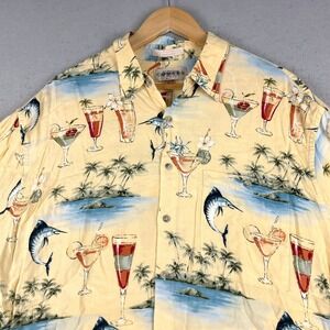 Vintage Hawaiian Shirt Men Yellow Rayon Marlin Cocktails Tropical XL Campia Moda